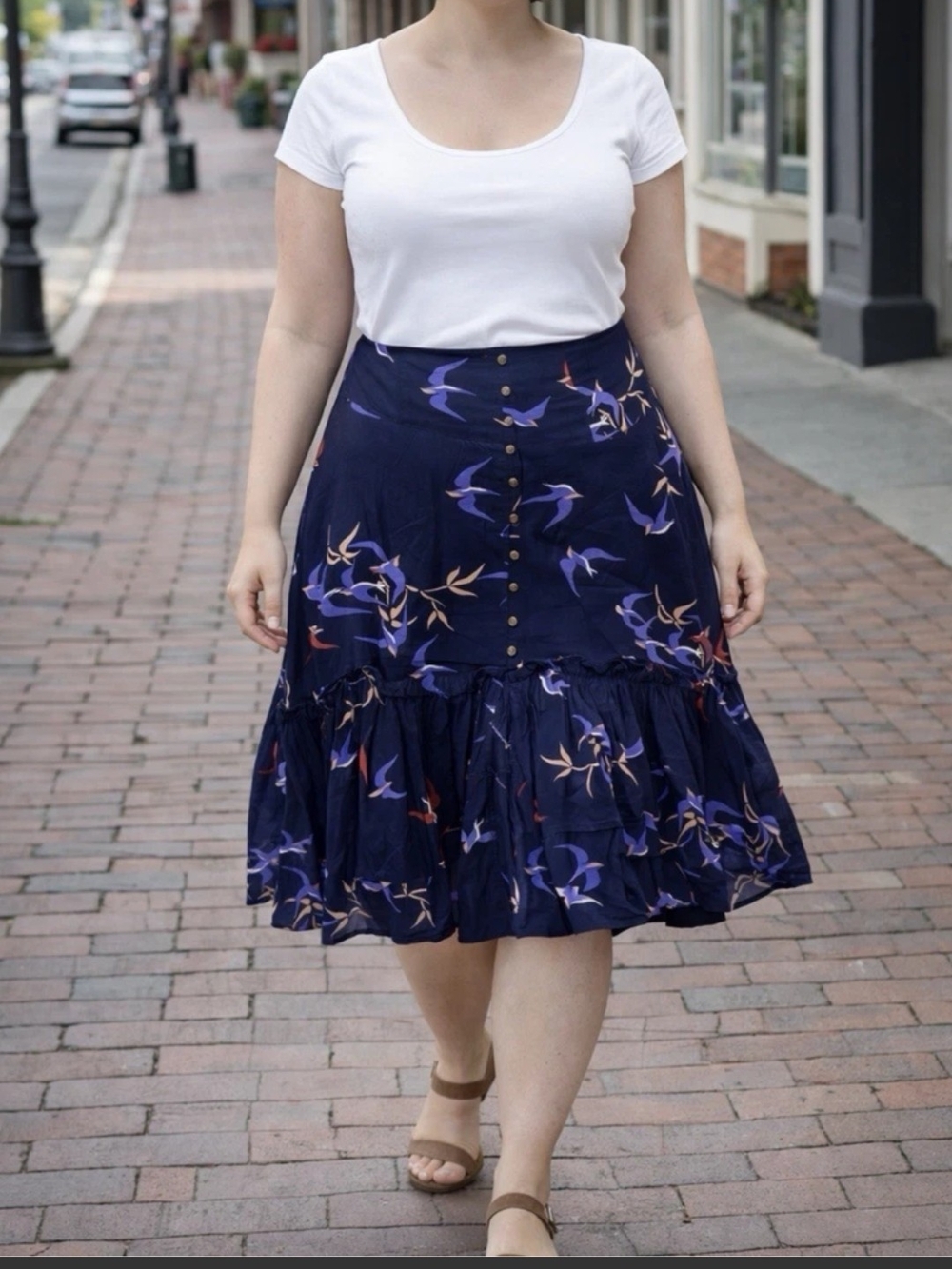 Anthropologie Navy Tiered Midi Skirt with Purple Floral Bird Print Size 20w NWT.